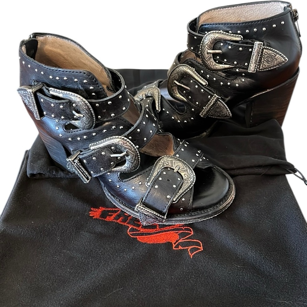 freebird Black Studded Leather Strappy Heel Sandals